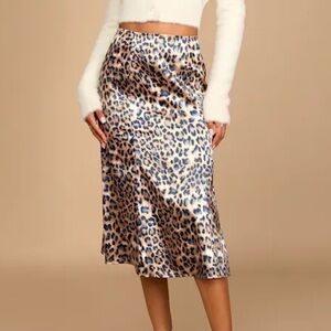Tan and Navy Leopard Print Satin High Waist Midi Skirt